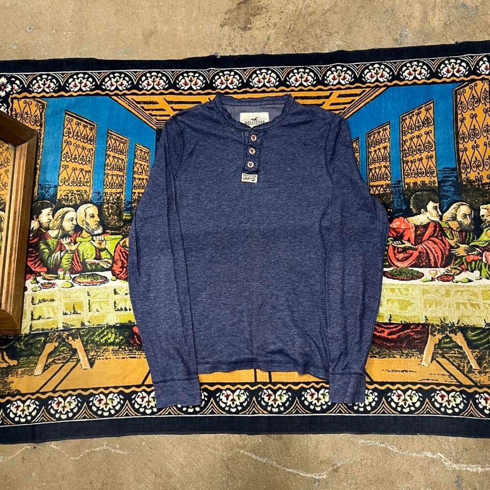 Navy blue hollister co Henley waffle thermal shirt Size XL muscle fit preppy y2k